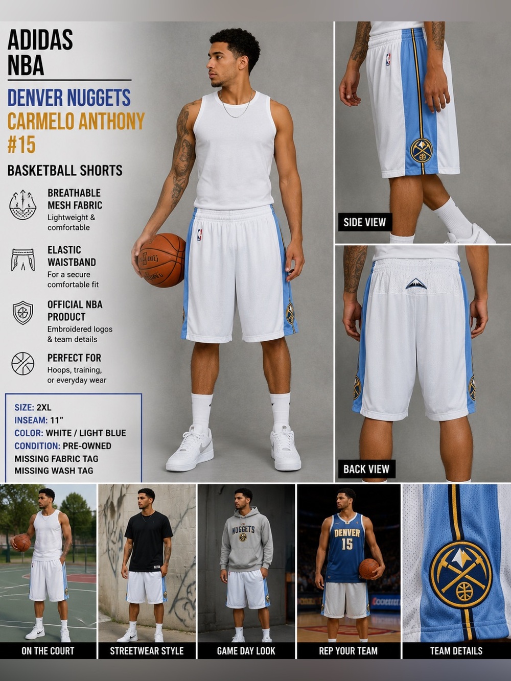 adidas NBA Denver Nuggets Carmelo Anthony #15 Swingman Shorts Men's 2XL